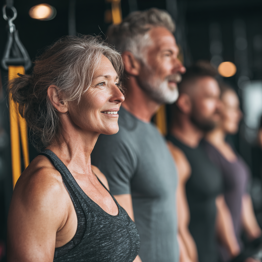 Mature adults exercising with professional trainers in well-equipped fitness facility